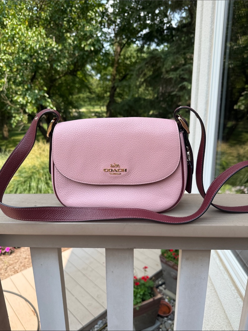 COACH pink Pebbled Leather Crossbody with burgundy Strap